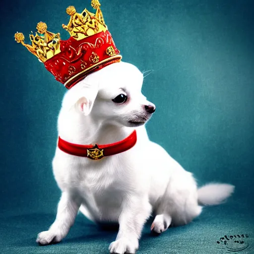 Image similar to fluffy white chihuahua king wearing a red and gold crown cinematic composition, digital art, cute