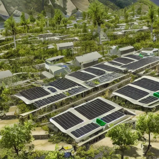 Image similar to eco village, solarpunk embodies an optimism towards the future that our society needs with solarroofs, solarpunk style