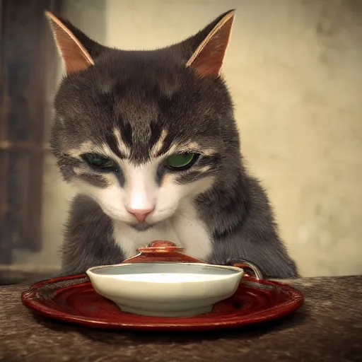 Image similar to cute cat drinks milk from a porcelain plate, in game pathologic 2, digital art, unreal engine, cinematic composition, sharp, details, hyper - detailed, hd