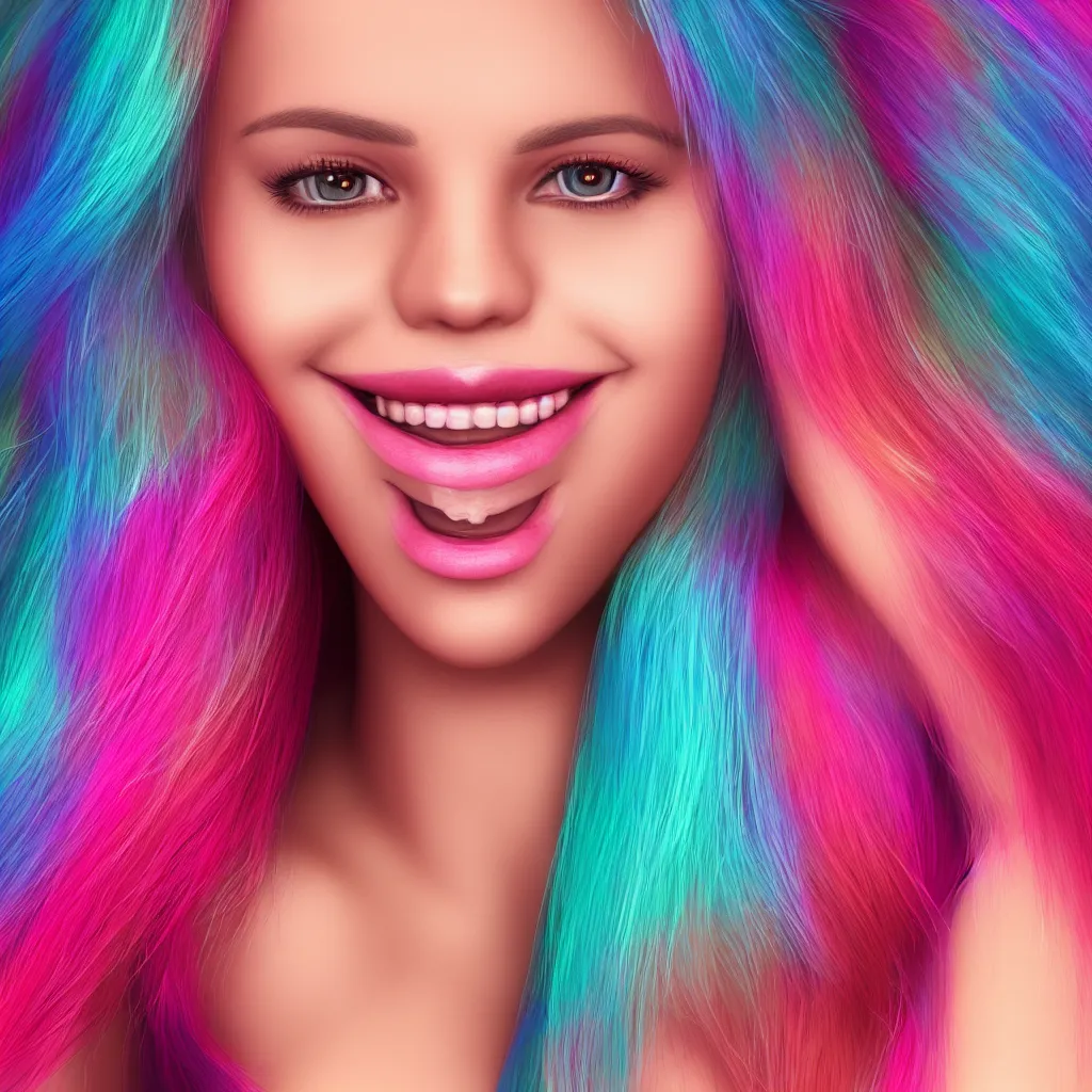 Prompt: ultra realistic portrait of a hot woman, colorful hair, pink lips, gorgeous smile, stunning, hottest, 8K resolution, 3D, Octan render,