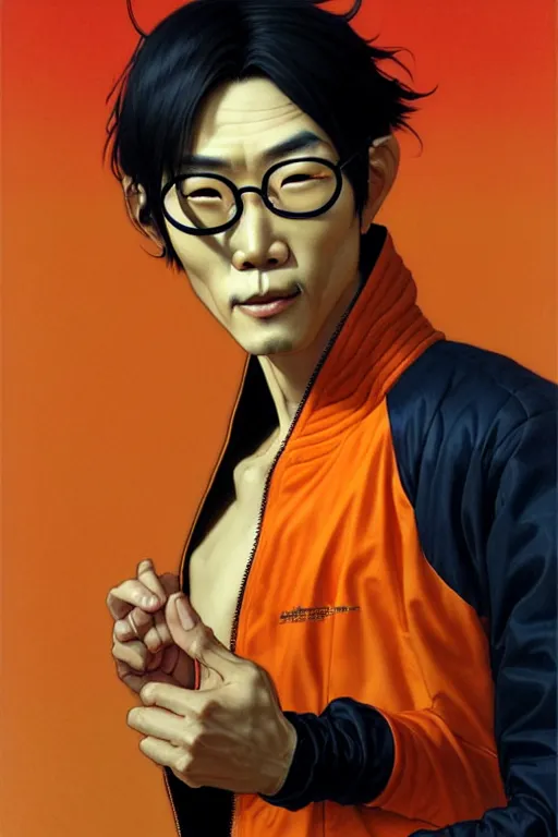 Image similar to thin japanese man with short black hair, thick round spectacles, wearing a bright orange bomber jacket, seductive communist dark fantasy, art by artgerm and karol bak and moebius and alphonse mucha and greg rutkowski, hyperdetailed, ultrarealistic, octane render
