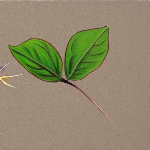 Prompt: detailed painting of a single small seedling on loose fresh earth, reveal its first leaf coming out of the seed. muted colors and natural tones.