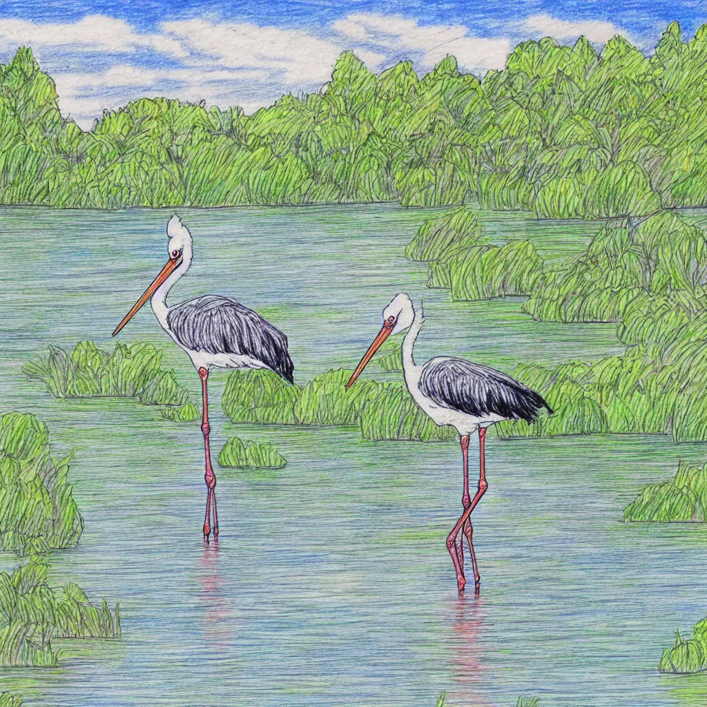 Image similar to post stamp drawing of a stork, lake and forest in distance, colourful, very detailed, 4 k