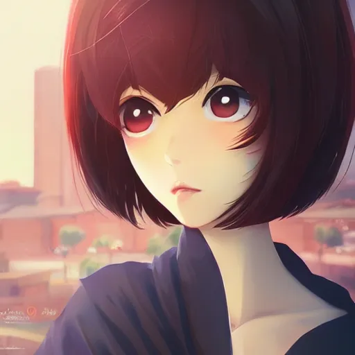 Image similar to a beautiful woman with a hime haircut, dark brown hair and tan skin, dark brown eyes, city landscape, 4k, anime key visual, lois van baarle, ilya kuvshinov, rossdraws, artstation