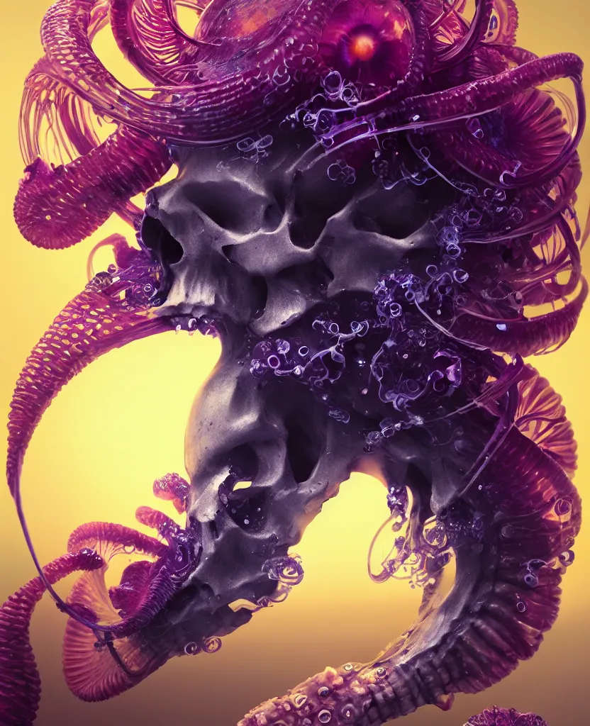 Image similar to goddess close-up portrait animal skull. jellyfish phoenix head, nautilus, orchid, skull, betta fish, bioluminiscent creatures, intricate artwork by Tooth Wu and wlop and beeple. octane render, trending on artstation, greg rutkowski very coherent symmetrical artwork. cinematic, hyper realism, high detail, octane render, 8k