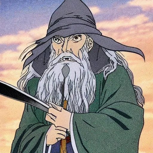 Image similar to gandalf from the anime lord of the rings (1986), studio ghibli, very detailed, realistic