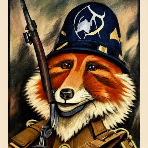 Prompt: 8k UHD, realism, painting in the style of WW1 propaganda, trending on artstation: (subject = anthropomorphic fox soldier resting + subject detail = fox head, anthropomorphic, in trenches, high detail, high detailed fabric, high texture detail)