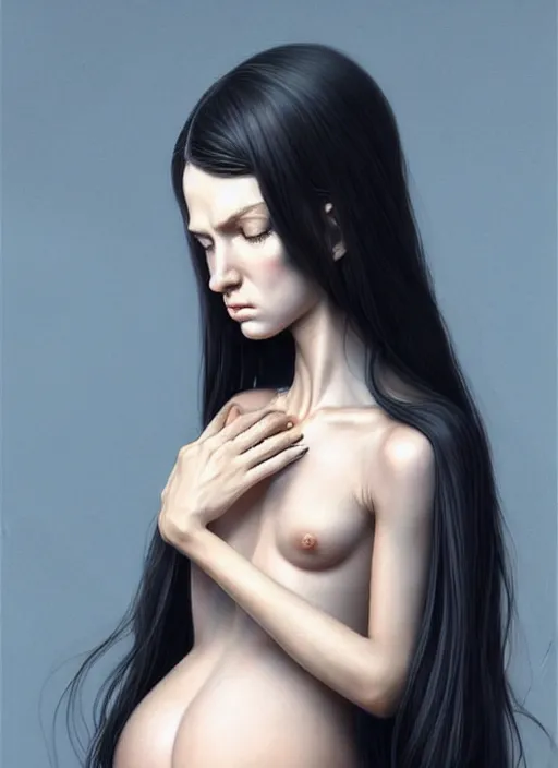 Image similar to a tall girl with long black hair and eyes with hands growing out of her belly, this girl is at school and a girl with blue eyes and blond long hair is crying behind her global illumination!! intricate, elegant, highly detailed, digital painting, artstation, concept art, smooth, sharp focus, illustration, art by artgerm and greg rutkowski and alphonse mucha