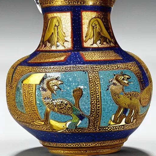 Prompt: A golden jug from times of Charlemagne (early 9th Century CE) decorated with technique of cellular enamel (cloisonné). On one hand, two lions by tree of life, and on other, there are two griffins.