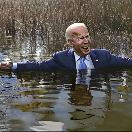 Prompt: joe biden rising out of swamp water with an ak 4 7