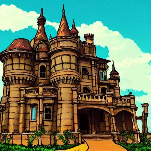 Image similar to A victorian castle in the middle of the desert, in the style of ghibli