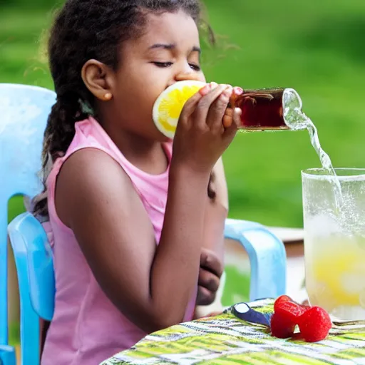 Prompt: a girl drinking lemonade