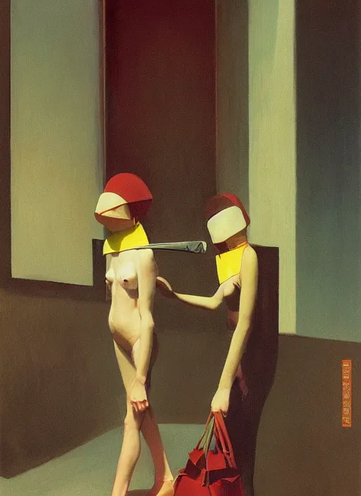 Image similar to women in paper bag over the head and a sward at catwalk restaurant Edward Hopper and James Gilleard, Zdzislaw Beksinski, highly detailed