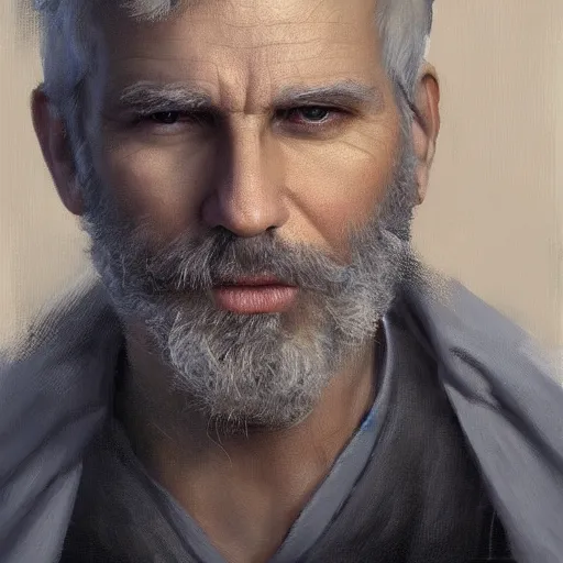 Image similar to An oil painting of a man dressed in priest robes, 50 years old, short grey hair, trimmed beard, sharp facial features, beautiful, highly detailed, by Cédric Peyravernay, trending on artstation