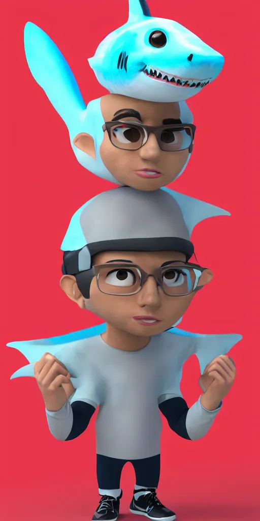 Prompt: 'cartoon concept character in 3d, a young Hispanic guy wearing a cartoon shark cloth facemask'