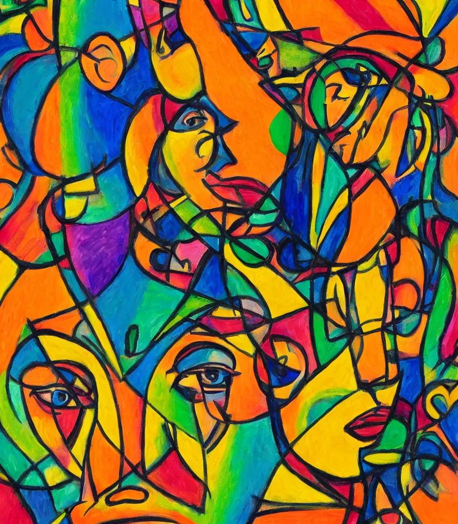 Prompt: a dreamlike portrait of a beautiful woman in the art style of cubism, vibrant colors, reggae color scheme, 4 k resolution, high detail, symmetrical face