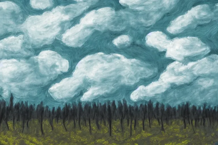 Image similar to reaction diffusion landscape with trees and clouds