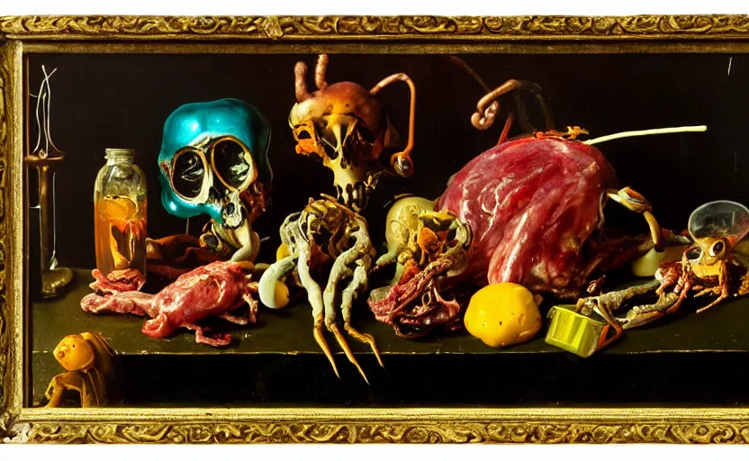 Image similar to disturbing colorful oil painting dark background dutch golden age vanitas still life weird flowers beautiful composition with bizarre objects strange gooey transparent surfaces shiny metal reflections bizarre mutant meat insects rachel ruysch dali todd schorr very detailed perfect composition rule of thirds masterpiece canon 5 0 mm, cinematic lighting, photography, retro, film, kodachrome
