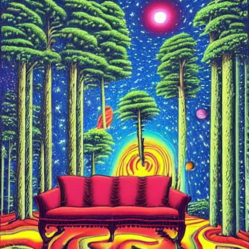 Image similar to psychedelic trippy couch pine forest, planets, milky way, sofa, cartoon by rob gonsalves