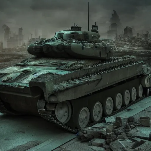 Prompt: vine covered sci - fi battle tank in a destroyed city, moody lighting, 8 k, shallow depth of field, cinematic lighting,
