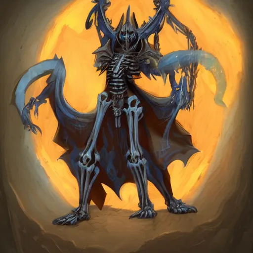 Prompt: necromancer in blue robes with a skeletal dragon, artstation