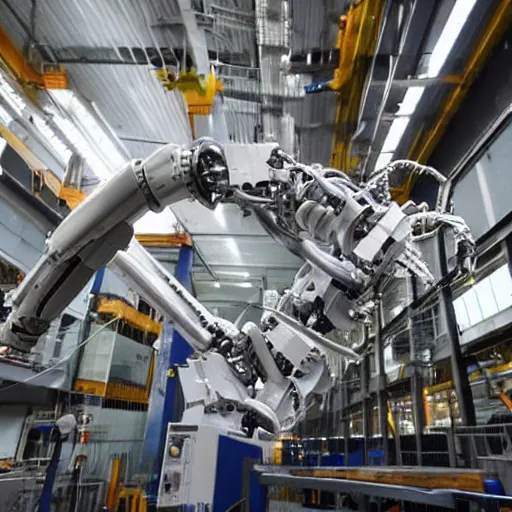 Prompt: A large, robotic arm moving metal parts in a factory.