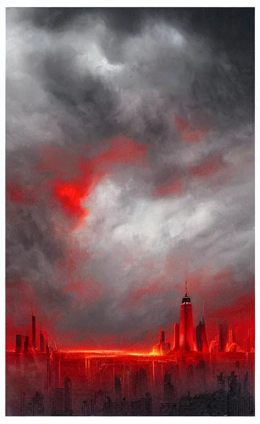 Prompt: an digital art of fire red alert storm that destroys new york city in style of zdislaw beksinski