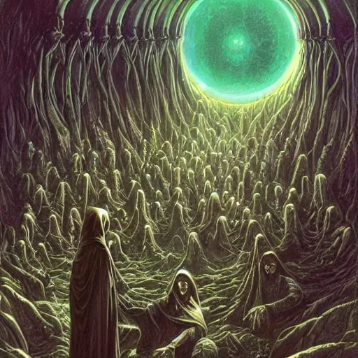 Prompt: a dark cabal of hooded elven mystics gathered in a circular formation around highly advanced alien computer technology processing the souls of the dead, dan seagrave art, michael whelan