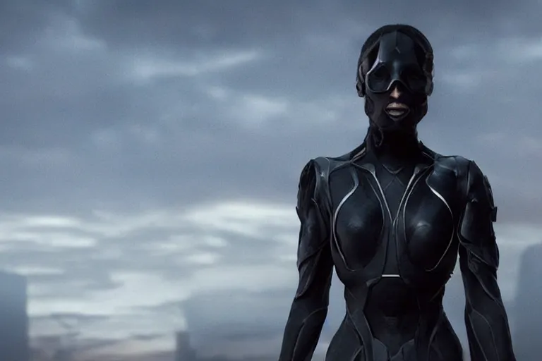 Image similar to VFX movie closeup portrait of a futuristic hero woman in black spandex armor in future city, hero pose, beautiful skin, night lighting by Emmanuel Lubezki