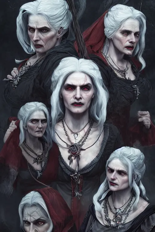 Image similar to the crones witches from the witcher 3 in the style of stefan kostic, realistic, sharp focus, 8 k high definition, insanely detailed, intricate, elegant, art by stanley lau and artgerm