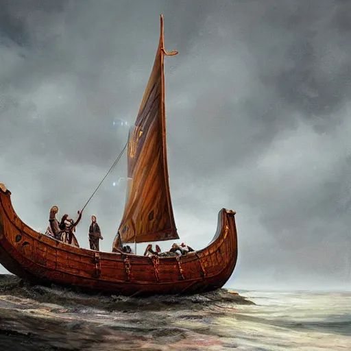 Prompt: a portrait painting of a viking ship, digital painting, hyper realistic, nordic mythology, full of details, in the style of simon stalenhag,