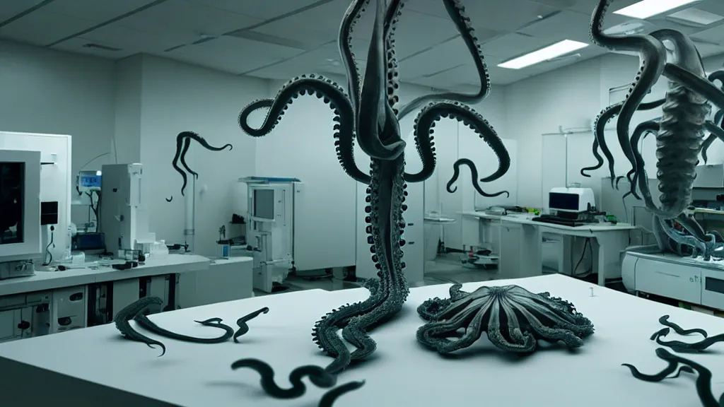 Image similar to a mri 3 d printer machine and control panels in the laboratory inspection room making mutant octopus forms, film still from the movie directed by denis villeneuve with art direction by salvador dali, wide lens