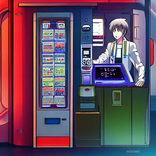 Prompt: “Shinji from Eva buying berries from a berry vending machine on a futuristic space ship, robots, berry signs, 🍓, anime, artstation”