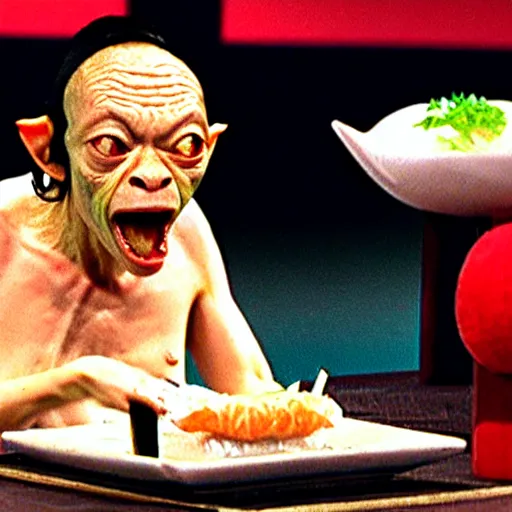 Image similar to gollum from lord of the rings eating sushi on a japanese game show