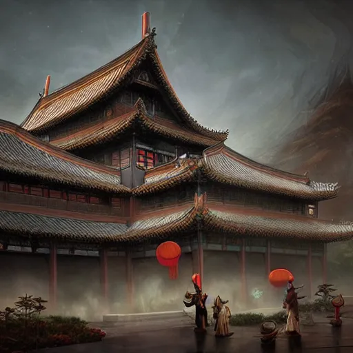 Image similar to tang dynasty palace by peter mohrbacher and dan mumford and nekro, cgsociety, volumetric light, 3 d render ， - h 6 4 0