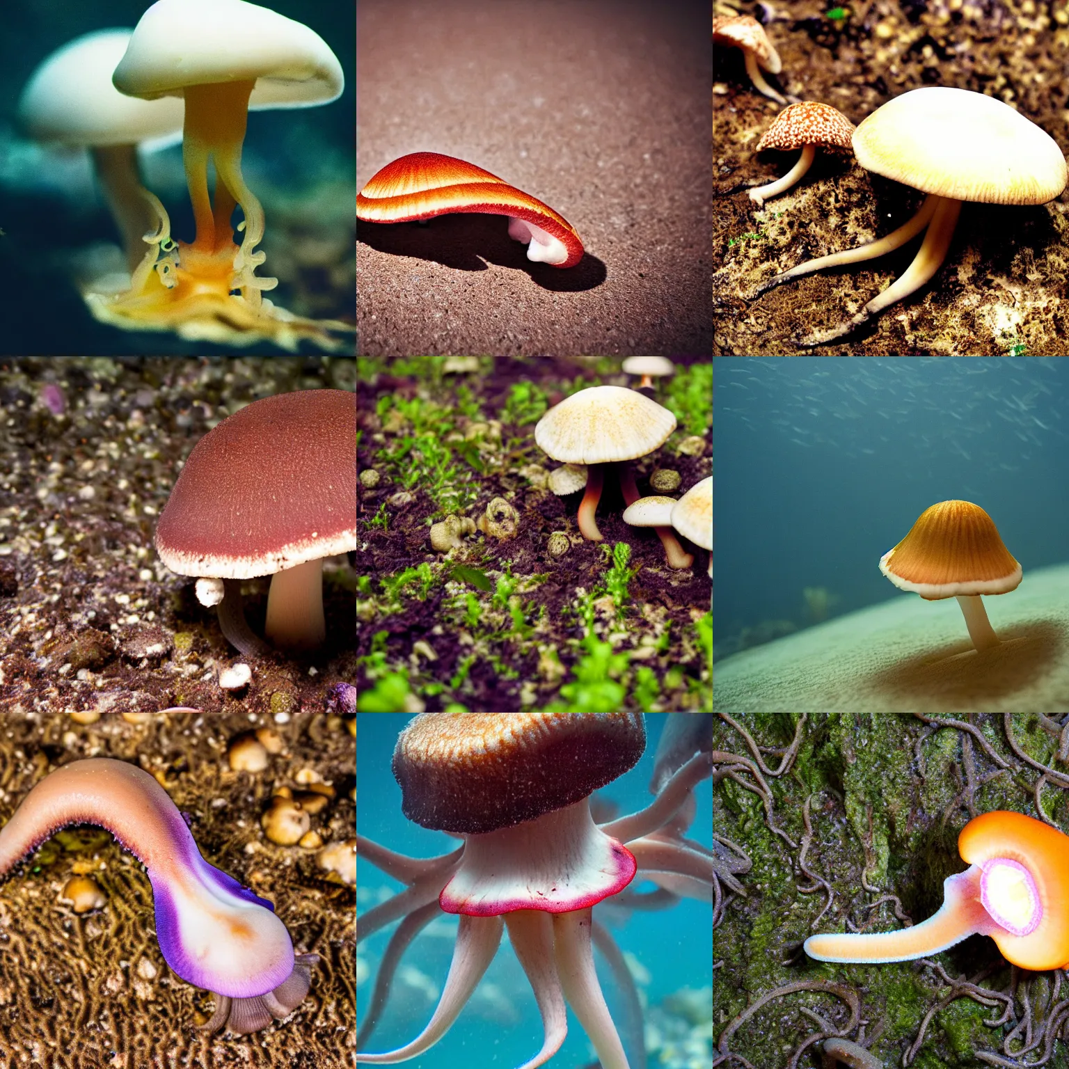 Prompt: a mushroom-squid, nature photography