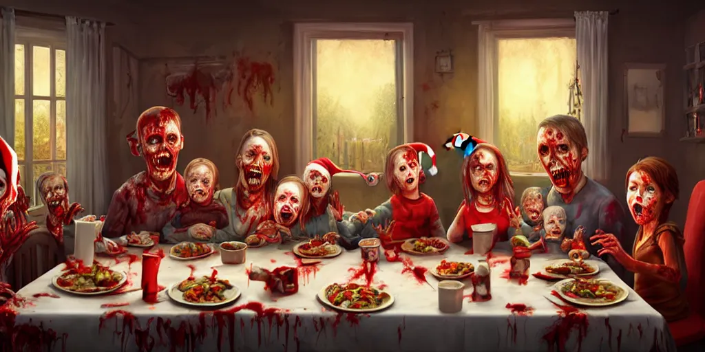 Image similar to a zombie family christmas diner, wide angle, super highly detailed, professional digital painting, artstation, concept art, smooth, sharp focus, no blur, no dof, extreme illustration, unreal engine 5, photorealism, hd quality, 8 k resolution, cinema 4 d, 3 d, beautiful, cinematic, art by wlop