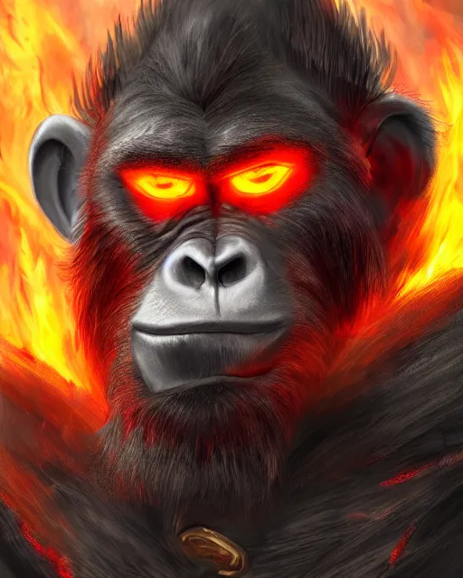 Image similar to fury art, an anthro ape wearing a large cape and a fantasy armor, fire, fiery background, 3 d, 8 k, extremely detailed, trending on furaffinity, trending on artstation, award winning, sharp focus, illustration