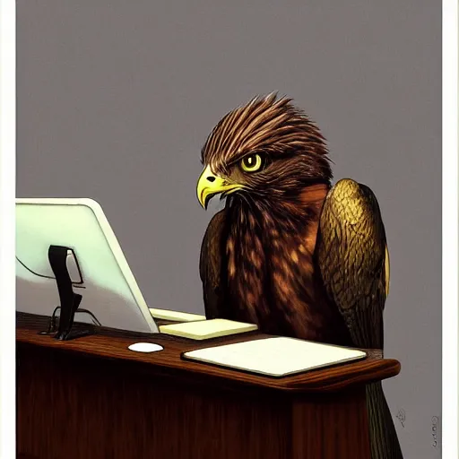 Prompt: a life-like beautiful photographic fantasy art raptorial composition of hawk office worker bird-man at computer desk facial portraiture, in stunning digital paint, trending fantasy art by Michael Whelan