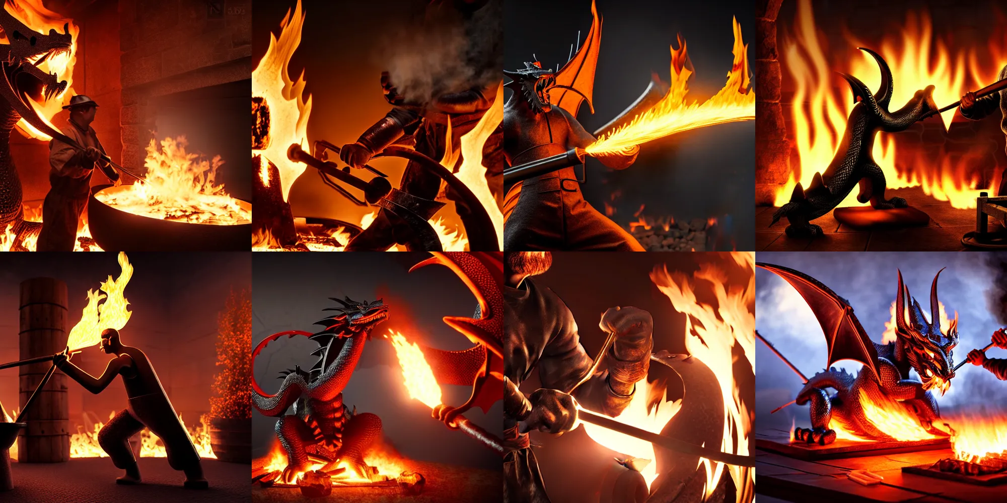 Prompt: a blacksmith fighting his forge the forge flames are shaped like a dragon, high particle count, highly reflective, fire, smoke, misty, high quality render, realistic lighting