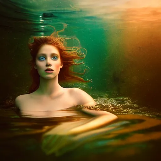 Image similar to photographic portrait of a stunningly beautiful siren renaissance female, underwater, in soft dreamy light at sunset, contemporary fashion shoot, by edward robert hughes, annie leibovitz and steve mccurry, david lazar, jimmy nelsson, extremely detailed, breathtaking, hyperrealistic, perfect face, octane render