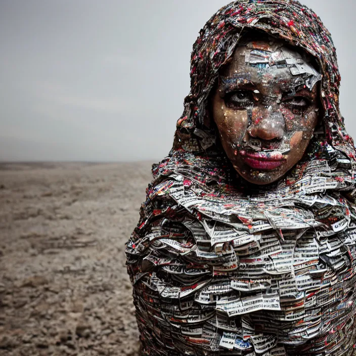 Prompt: closeup portrait of a woman with a hood made of newspaper and confetti, standing in a desolate apocalyptic landscape, by Annie Leibovitz and Steve McCurry, natural light, detailed face, CANON Eos C300, ƒ1.8, 35mm, 8K, medium-format print