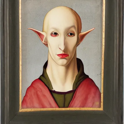 Prompt: flemish style painting of a pale skinned elf with a dark cloak and face piercings