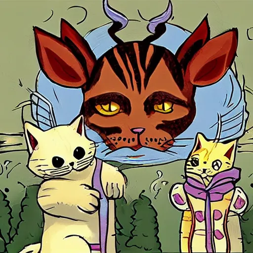 Image similar to cute cat is friends with the demon god