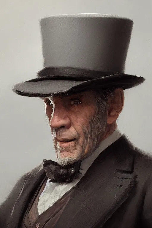 Image similar to a grey hair old halfling with no beard stubble top hat and suit by Greg Rutkowski, painting, portrait, HD, high details, trending on artstation