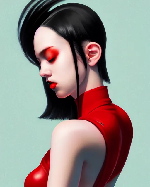 Image similar to side view of pale skin beauty in mini skirt and crop top, black hair, red lips, paint by ilya kuvshinov and ross tran and karol bak and stanley lau and anna dittmann and artgerm and xiaoguang sun and tian zi