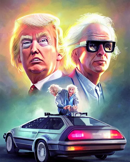 Prompt: donald trump and doc emmett brown in a flying delorean, neon lights, illustration, rim light, top light, perfectly shaded, spring time, slight overcast lighting, soft painting, art by krenz cushart and wenjun lin