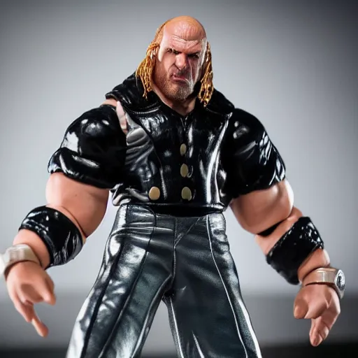 Image similar to Full body shot of a highly detailed flexible Triple H vinyl figurine as a villain, white background, 3d, high quality, depth of field, high contrast, 8k, concept art, smooth, sharp focus, highly detailed, wrestling, WWE