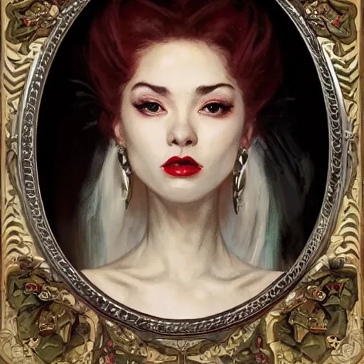 Prompt: portrait of a very beautiful vampire, top half of body, upset expression, by Stanley Artgerm Lau, greg rutkowski, thomas kindkade, alphonse mucha, loish, norman rockwell, J. C. Leyendecker. blinding white hair, japanese, dark skin, detailed eyes, red lips, small earrings. rose frame. Trending on artstation rule of thirds extremely detailed illustration hd 4k