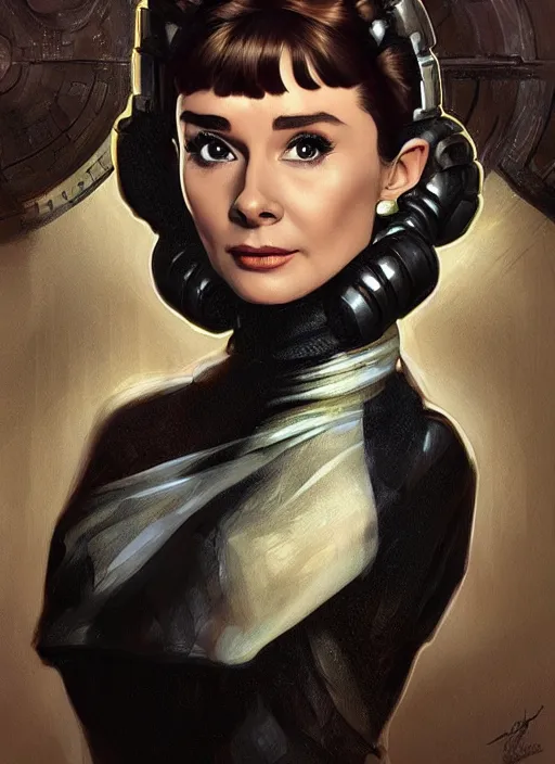 Image similar to Audrey Hepburn as Princess Leia, fantasy, intricate, elegant, highly detailed, digital painting, artstation, concept art, smooth, sharp focus, illustration, art by artgerm and greg rutkowski and alphonse mucha